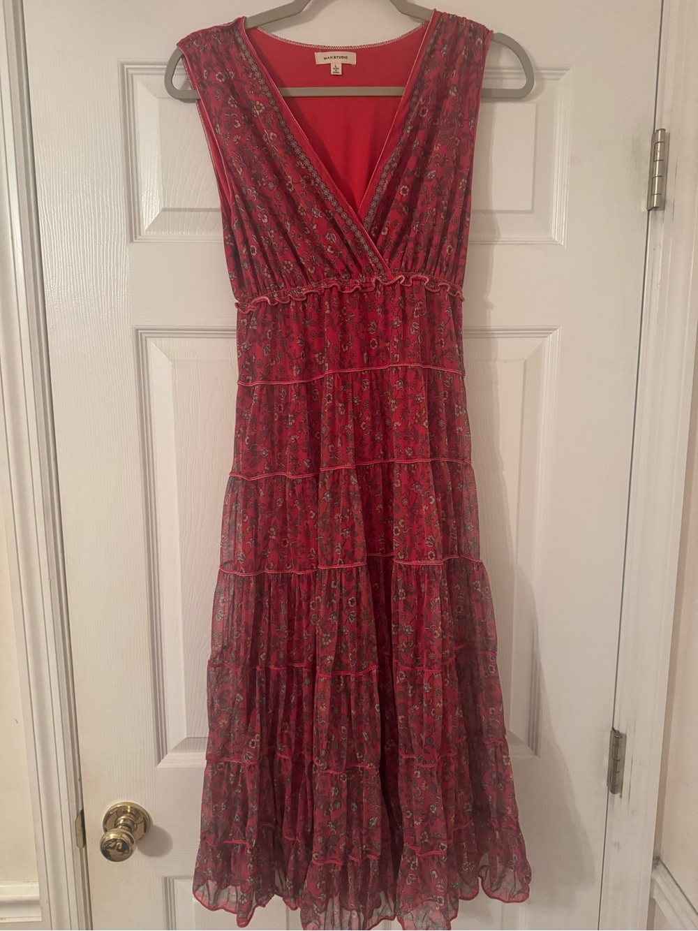 Max Studio Red Floral Tiered V-Neck Maxi Dress